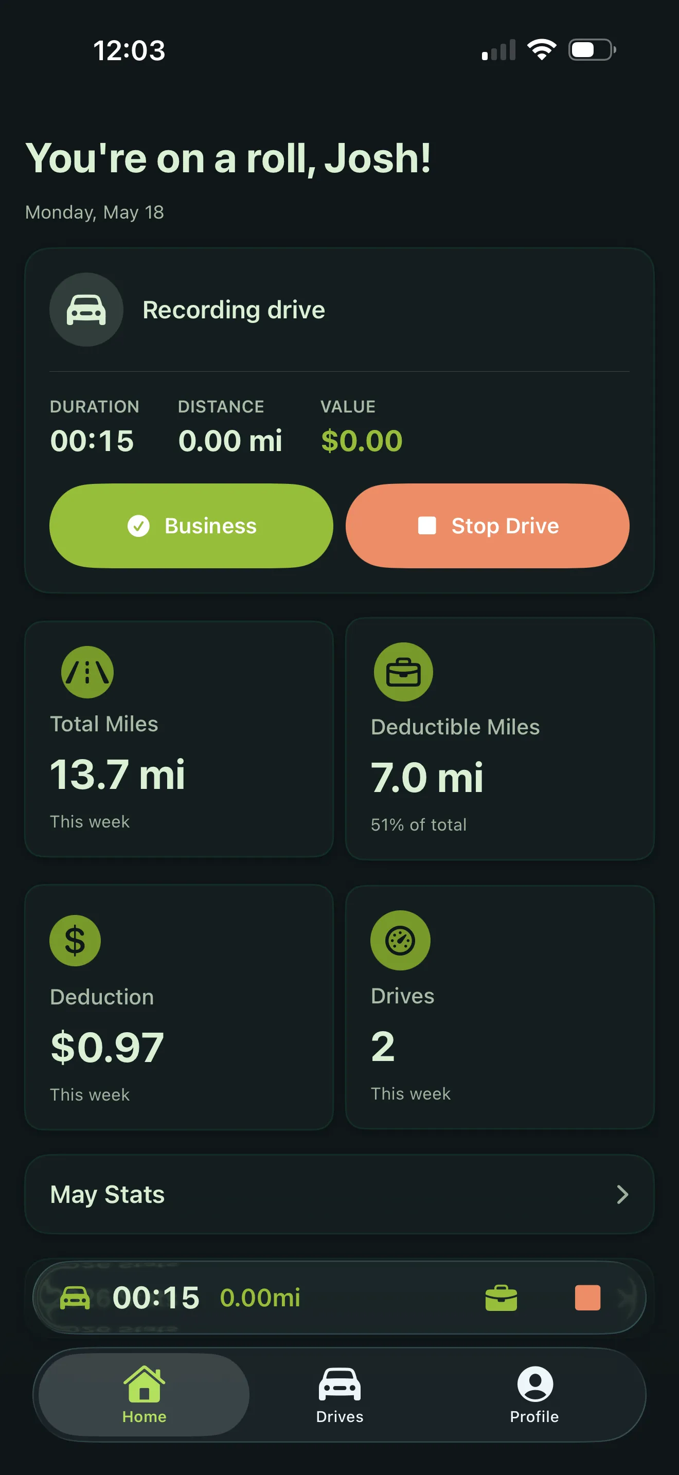 EveryLastMile actively recording a drive with weekly mileage and deduction totals